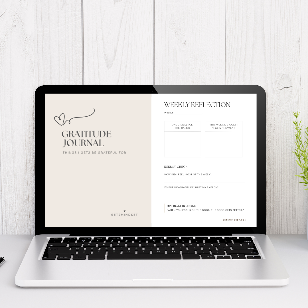 Inside pages of the Get2Mindset Gratitude Journal featuring daily gratitude prompts